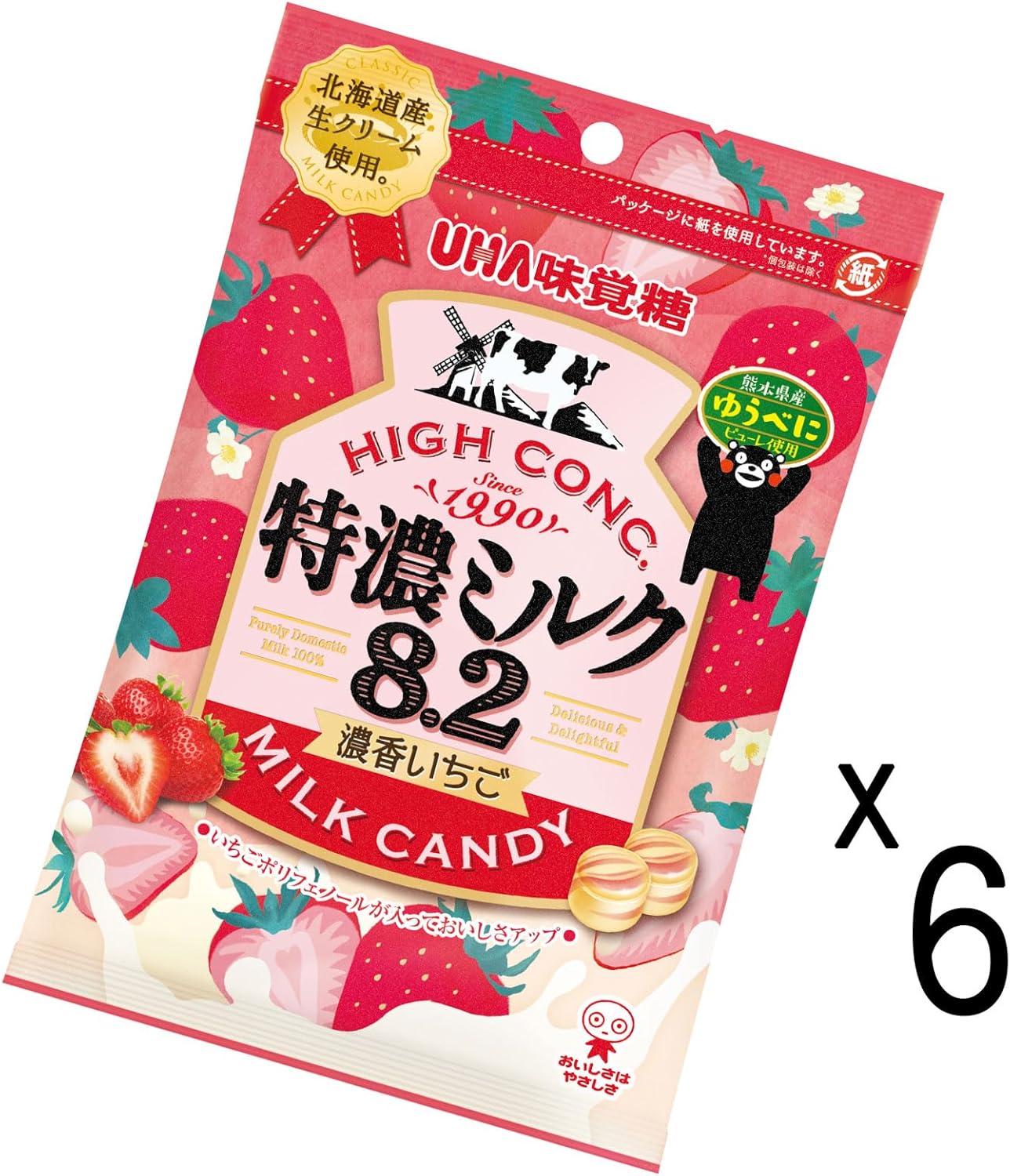 UHA Mikakuto Tokuno Milk 8.2 Thick Scented Strawberries, (75 g) x 6 Bags