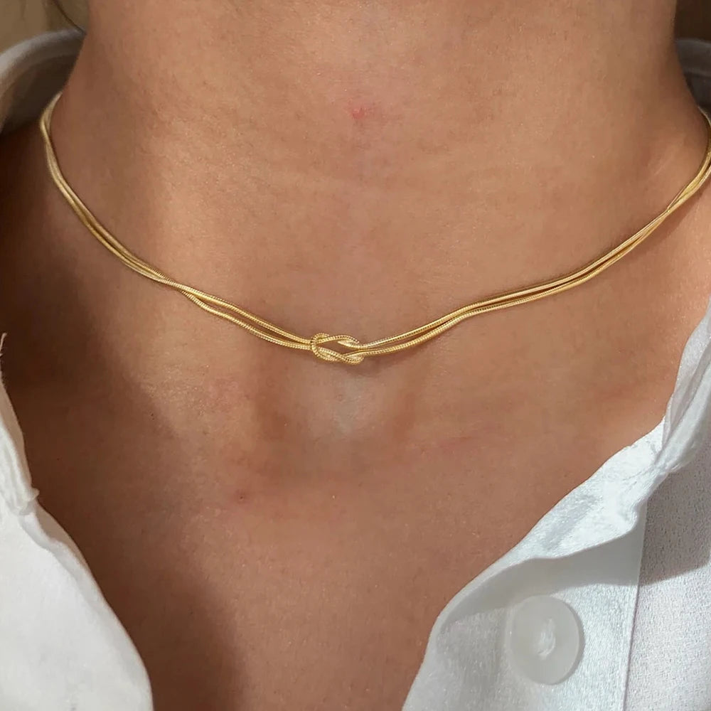 Glownim Elegant Minimalist Jewelry Lusterless Gold Plated Knotted Snake Chain Necklace Women's Stainless Steel Accessories