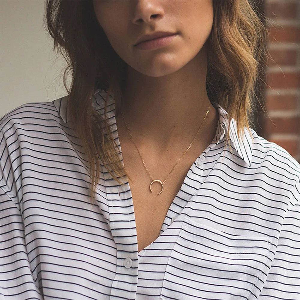 Glownim Minimalist Horn Pendant Waterproof Necklace Crescent Moon Boho Jewelry for Women Stainless Steel