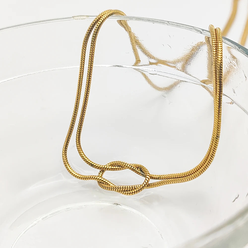 Glownim Elegant Minimalist Jewelry Lusterless Gold Plated Knotted Snake Chain Necklace Women's Stainless Steel Accessories