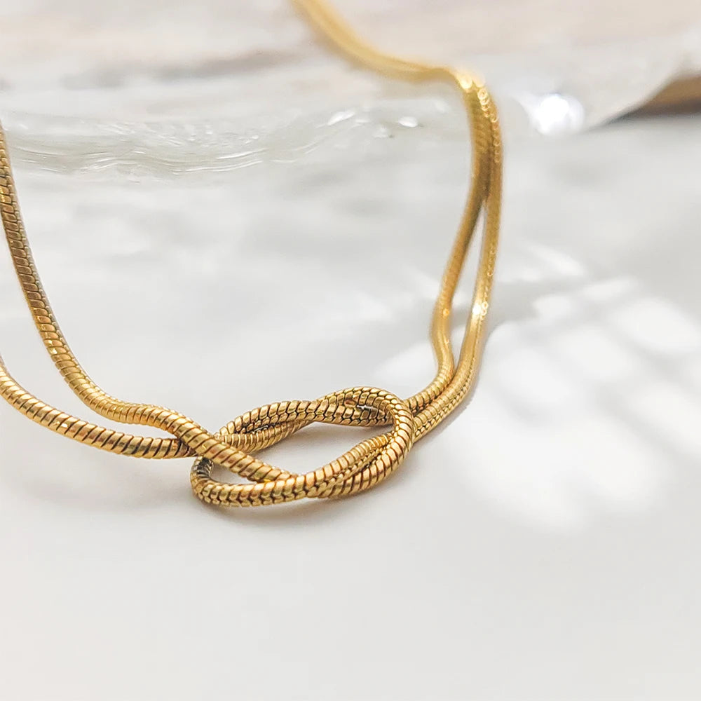 Glownim Elegant Minimalist Jewelry Lusterless Gold Plated Knotted Snake Chain Necklace Women's Stainless Steel Accessories