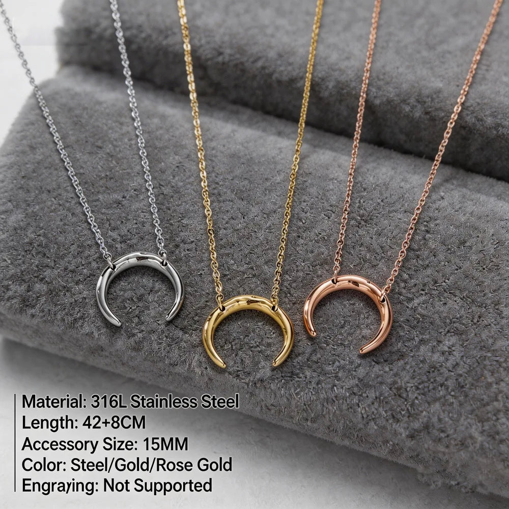 Glownim Minimalist Horn Pendant Waterproof Necklace Crescent Moon Boho Jewelry for Women Stainless Steel
