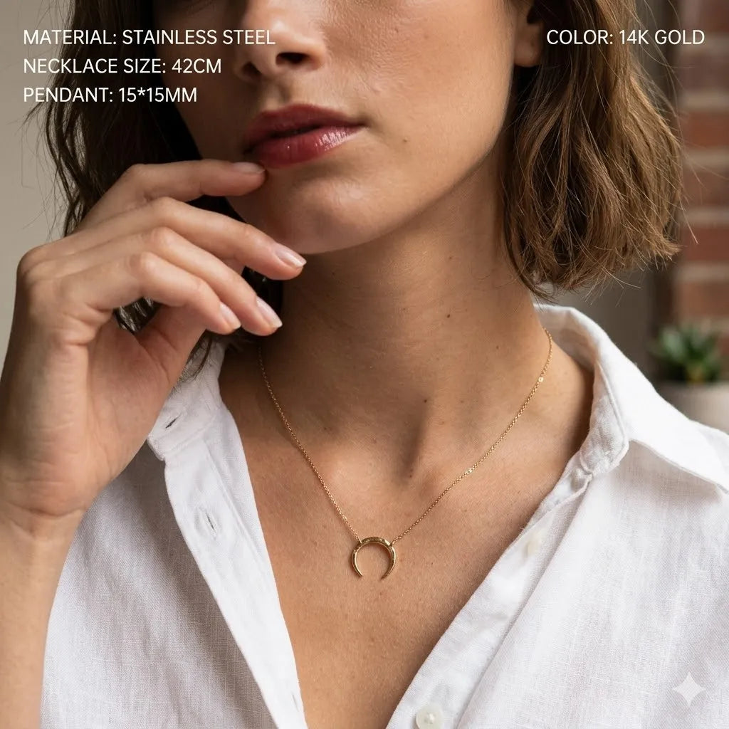 Glownim Minimalist Horn Pendant Waterproof Necklace Crescent Moon Boho Jewelry for Women Stainless Steel