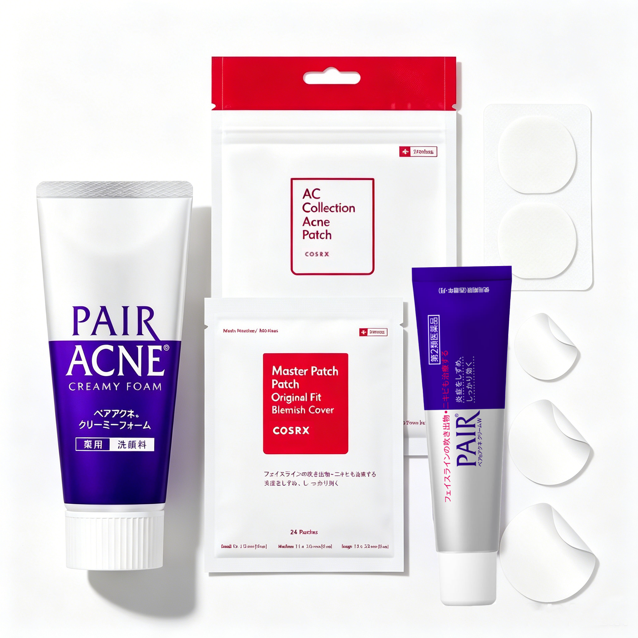 Acne Care Set, Lion 80g Foaming Cleanser + 24g Anti-Blemish Cream + 2 COSRX Hydrocolloid Pimple Patches, Full Coverage for Blemishes & Breakouts
