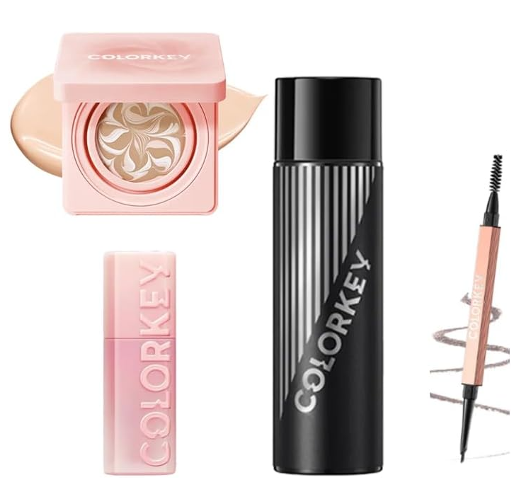 COLORKEY 4 In 1 All-in-One Makeup Set, Include Setting Spray*1 + Gloss Lip Tint*1 + Dual-ended Eyebrow Pencil *1+ Foundation Balm*1